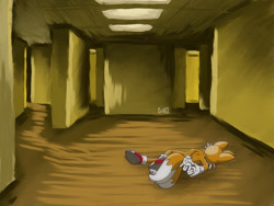 Size: 2000x1500 | Tagged: safe, artist:vilethehedgehog, miles "tails" prower, 2024, abstract background, crossover, family guy, family guy death pose, lying on side, solo, the backrooms