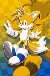 Size: 2047x3072 | Tagged: safe, artist:blueblurarts, miles "tails" prower, 2024, blue shoes, checkered background, echo background, looking at viewer, outline, redraw, smile, solo, v sign