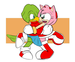 Size: 2048x1687 | Tagged: safe, artist:tacorooster, amy rose, tekno the canary, 2024, duo, flat colors, holding each other, lesbian, looking at each other, shipping, smile, teknamy