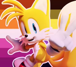 Size: 1739x1536 | Tagged: safe, artist:genderfluidtails, miles "tails" prower, 2023, edit, icon, lesbian, lesbian pride, looking at viewer, nonbinary, nonbinary pride, outline, pride, pride flag background, smile, solo
