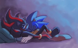 Size: 2048x1271 | Tagged: safe, artist:sthsora, shadow the hedgehog, sonic the hedgehog, 2024, barefoot, cute, duo, gay, leaning back, leaning on them, pillow, shadow x sonic, shipping, smile, snuggling