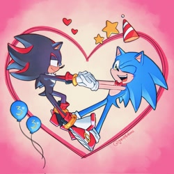 Size: 2048x2048 | Tagged: safe, artist:gunstellations, shadow the hedgehog, sonic the hedgehog, 2024, anniversary, balloon, bowtie, duo, gay, heart, holding hands, looking at each other, party hat, shadow x sonic, shipping, signature, star (symbol), wink