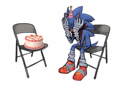 Size: 2048x1443 | Tagged: safe, artist:ghb_111, sonic the hedgehog, 2024, birthday, birthday hat, cake, eyes closed, hands on own face, simple background, sitting, solo, sonic boom (tv), top surgery scars, trans male, transgender, white background