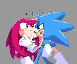 Size: 1014x840 | Tagged: safe, artist:sen83490, knuckles the echidna, sonic the hedgehog, 2024, blushing, cute, frown, gay, grey background, hand on another's shoulder, holding each other, knuxonic, licking lips, looking at each other, shipping, simple background, smile, standing, tongue out