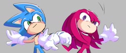 Size: 1999x840 | Tagged: safe, artist:sen83490, knuckles the echidna, sonic the hedgehog, 2024, blushing, cute, dancing, duo, frown, gay, grey background, knuxonic, looking at viewer, shipping, simple background, smile, standing