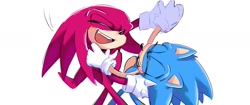 Size: 1999x840 | Tagged: safe, artist:sen83490, knuckles the echidna, sonic the hedgehog, 2024, cute, dancing, duo, eyes closed, gay, holding each other, knuxonic, mouth open, shipping, simple background, smile, white background