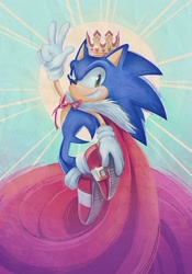 Size: 1430x2048 | Tagged: safe, artist:ls1389, sonic the hedgehog, 2024, birthday, cape, crown, king sonic, looking at viewer, mid-air, smile, solo, sun, v sign