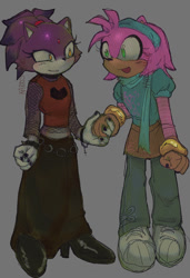 Size: 654x957 | Tagged: safe, artist:karos-4art, amy rose, blaze the cat, 2024, alternate outfit, amy x blaze, duo, goth, goth outfit, grey background, holding hands, lesbian, looking at each other, shipping, signature, simple background, smile, standing