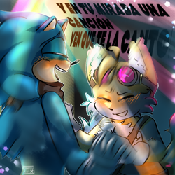 Size: 1080x1080 | Tagged: safe, artist:clumsyyy-kat, miles "tails" prower, sonic the hedgehog, 2024, abstract background, blushing, cute, dancing, duo, eyes closed, gay, holding hands, shipping, signature, smile, sonabetes, song name, sonic boom (tv), sonic x tails, spanish text, tailabetes