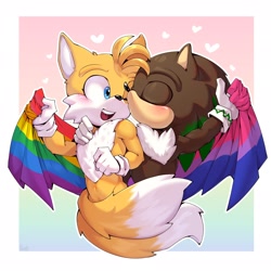 Size: 2048x2048 | Tagged: safe, artist:sylo-hedgehog, miles "tails" prower, oc, oc:sylo the hedgehog, fox, hedgehog, 2024, arm around shoulders, bisexual, bisexual pride, blushing, border, canon x oc, cute, duo, eyes closed, flag, gay, gay pride, gradient background, heart, holding something, kiss on cheek, looking at them, outline, pride, pride flag, shipping, smile