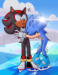 Size: 1588x2048 | Tagged: safe, artist:trenchcoat-gecko, shadow the hedgehog, sonic the hedgehog, abstract background, blushing, clouds, daytime, duo, gay, holding them, ice skates, ice skating, outdoors, shadow x sonic, shipping, sun, surprised, top surgery scars, trans male, transgender