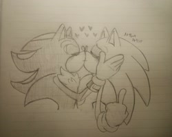 Size: 2048x1642 | Tagged: safe, artist:artboxartist, shadow the hedgehog, sonic the hedgehog, blushing, cute, duo, eyes closed, gay, hands on another's face, heart, kiss, line art, lined paper, middle finger, pencilwork, shadow x sonic, shipping, signature, smile, traditional media