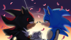 Size: 1920x1080 | Tagged: safe, artist:artboxartist, shadow the hedgehog, sonic the hedgehog, abstract background, duo, gay, holding hands, lidded eyes, looking at each other, mouth open, outdoors, petals, shadow x sonic, shipping, sun, sunset