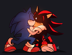 Size: 1308x1000 | Tagged: safe, artist:candyypirate, shadow the hedgehog, sonic the hedgehog, black background, blushing, duo, eyes closed, gay, hands on another's shoulders, kiss, kneeling, shadow x sonic, shipping, signature, simple background