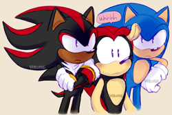 Size: 900x603 | Tagged: safe, artist:virune, mighty the armadillo, shadow the hedgehog, sonic the hedgehog, dialogue, frown, gay, looking ahead, looking offscreen, mightadow, mighty x shadow x sonic, polyamory, shadow x sonic, shipping, simple background, sonighty, standing, trio, yellow background