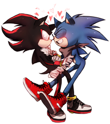 Size: 1082x1223 | Tagged: safe, artist:eeegdfhfghgfdg, shadow the hedgehog, sonic the hedgehog, whisper the wolf, blushing, cute, duo, eyes closed, gay, heart, holding each other, looking at them, mid-air, shadow x sonic, shadowbetes, shipping, simple background, smile, sonabetes, sonic boom (tv)