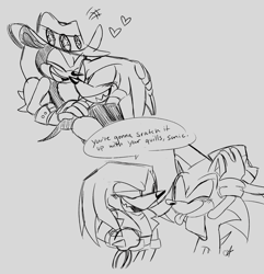 Size: 1974x2048 | Tagged: safe, artist:candyypirate, knuckles the echidna, mighty the armadillo, sonic the hedgehog, blushing, carrying them, dialogue, english text, eyes closed, gay, grey background, heart, knuxighty, knuxonic, line art, looking at each other, shipping, simple background, sketch, smile, speech bubble, tongue out, trio