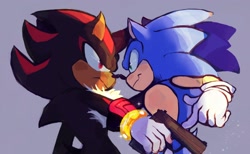 Size: 2048x1258 | Tagged: safe, artist:permo2003, shadow the hedgehog, sonic the hedgehog, duo, frown, gay, grey background, gun, holding something, looking at each other, shadow x sonic, shipping, simple background, smile, standing