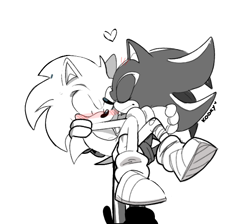 Size: 644x578 | Tagged: safe, artist:sonicthewaiter, shadow the hedgehog, sonic the hedgehog, :|, blushing, carrying them, duo, eyes closed, gay, heart, holding each other, monochrome, shadow x sonic, shipping, shrunken pupils, signature, simple background, standing, white background