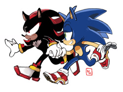 Size: 1280x955 | Tagged: safe, artist:niseku, shadow the hedgehog, sonic the hedgehog, duo, gay, holding hands, lidded eyes, looking ahead, looking at them, pout, shadow x sonic, shipping, signature, simple background, smile, soap shoes, walking, white background