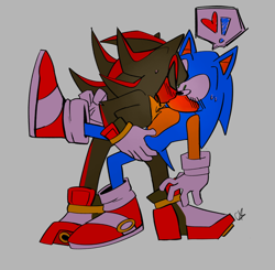 Size: 2048x2011 | Tagged: safe, artist:candyypirate, shadow the hedgehog, sonic the hedgehog, blushing, duo, exclamation mark, gay, grey background, heart, holding each other, kiss, shadow x sonic, shipping, signature, simple background, surprised