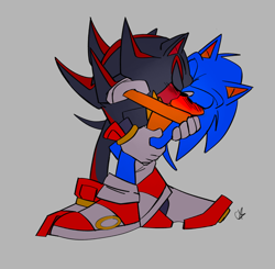 Size: 2048x2011 | Tagged: safe, artist:candyypirate, shadow the hedgehog, sonic the hedgehog, blushing, duo, eyes closed, gay, grey background, holding each other, kiss, shadow x sonic, shipping, signature, simple background