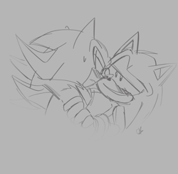 Size: 2048x2011 | Tagged: safe, artist:candyypirate, shadow the hedgehog, sonic the hedgehog, blushing, duo, frown, gay, grey background, holding each other, lidded eyes, line art, looking at each other, shadow x sonic, shipping, signature, simple background, sketch, smile, sweatdrop