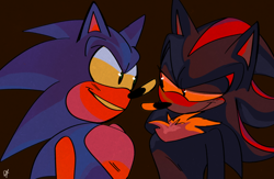 Size: 2048x1334 | Tagged: safe, artist:candyypirate, shadow the hedgehog, sonic the hedgehog, brown background, duo, gay, lidded eyes, looking at each other, shadow x sonic, shipping, simple background, smile, standing