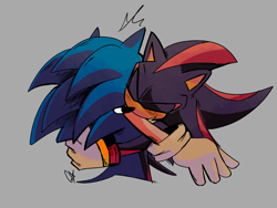 Size: 2048x1536 | Tagged: safe, artist:candyypirate, shadow the hedgehog, sonic the hedgehog, duo, eyes closed, gay, grey background, hugging, shadow x sonic, shipping, signature, simple background, surprise hug, surprised