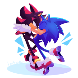 Size: 2048x2049 | Tagged: safe, artist:buckettkun, shadow the hedgehog, sonic the hedgehog, cute, dancing, duo, eyes closed, gay, holding each other, lidded eyes, looking at them, shadow (lighting), shadow x sonic, shipping, signature, simple background, smile, soap shoes, white background