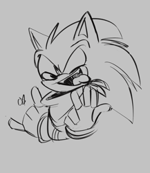 Size: 1204x1384 | Tagged: safe, artist:candyypirate, sonic the hedgehog, arms folded, devil horns (gesture), grey background, line art, looking at viewer, signature, simple background, sketch, solo, sonic boom (tv), tongue out, wink