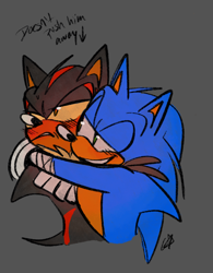 Size: 1316x1687 | Tagged: safe, artist:candyypirate, shadow the hedgehog, sonic the hedgehog, blushing, duo, english text, frown, gay, grey background, hugging, lidded eyes, looking at them, looking away, shadow x sonic, shipping, signature, simple background, smile, smirk, sonic boom (tv), yellow sclera