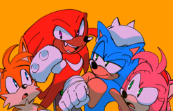 Size: 2048x1307 | Tagged: safe, artist:candyypirate, amy rose, knuckles the echidna, miles "tails" prower, sonic the hedgehog, sonic origins, group, redraw, signature, simple background, yellow background