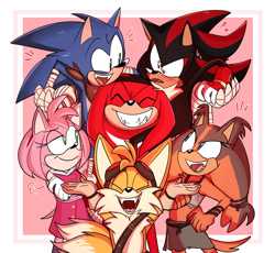 Size: 1926x1774 | Tagged: safe, artist:candyypirate, amy rose, knuckles the echidna, miles "tails" prower, shadow the hedgehog, sonic the hedgehog, sticks the badger, blushing, group, mouth open, smile, sonic boom (tv)