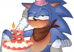 Size: 2048x1444 | Tagged: safe, artist:ghb_111, sonic the hedgehog, 2024, birthday, birthday hat, blushing, cake, candle, frown, hand on own head, lidded eyes, party hat, sitting, solo, sonic boom (tv), sonic is not amused, sweatdrop, top surgery scars, trans male, transgender