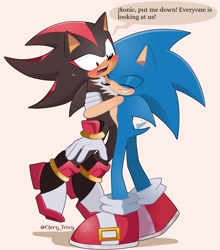 Size: 1799x2048 | Tagged: safe, artist:clery_trixy, shadow the hedgehog, sonic the hedgehog, 2024, carrying them, cute, dialogue, duo, english text, eyes closed, gay, looking at them, mouth open, shadow (lighting), shadow x sonic, shipping, signature, simple background, smile, speech bubble, standing, wagging tail, yellow background