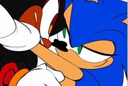 Size: 745x500 | Tagged: safe, artist:candyypirate, shadow the hedgehog, sonic the hedgehog, 2024, alternate universe, au:game on (candyypirate), birthday, clenched teeth, close-up, duo, flat colors, frown, gay, holding them, lidded eyes, looking at each other, shadow x sonic, shipping, simple background, smile, white background