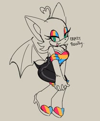 Size: 1503x1803 | Tagged: safe, artist:kore_eon, rouge the bat, 2024, english text, hands together, looking at viewer, pansexual, pansexual pride, simple background, sitting, smile, solo