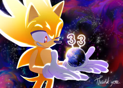 Size: 1680x1200 | Tagged: safe, artist:moonrin__, sonic the hedgehog, super sonic, 2024, abstract background, birthday, earth, english text, galaxy, signature, smile, solo, super form, wink