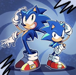 Size: 2048x2009 | Tagged: safe, artist:r8ym1x, sonic the hedgehog, 2024, abstract background, birthday, classic sonic, duo, outline, self paradox, smile, standing