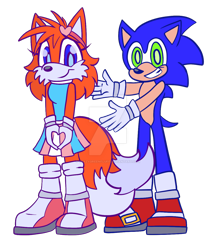 Size: 1024x1188 | Tagged: safe, artist:crazygreenfluff, miles "tails" prower, sonic the hedgehog, 2021, deviantart watermark, dress, duo, headband, heart hands, looking at viewer, obtrusive watermark, smile, standing, trans female, trans pride, transgender, watermark