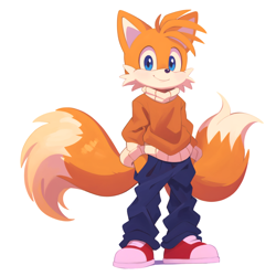 Size: 1600x1600 | Tagged: safe, ai art, miles "tails" prower, 2024, clothes, cute, hands in pocket, looking at viewer, pants, prompter:promagentis, simple background, smile, solo, sweater, white background