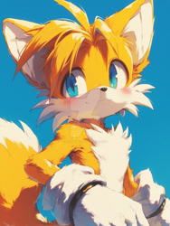 Size: 900x1195 | Tagged: safe, ai art, miles "tails" prower, 2024, blue background, blushing, deviantart watermark, looking offscreen, obtrusive watermark, prompter:leork-dream, simple background, smile, solo, standing, watermark