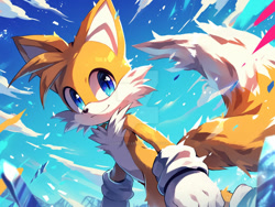 Size: 1024x772 | Tagged: safe, ai art, miles "tails" prower, 2024, abstract background, clouds, cute, deviantart watermark, looking at viewer, obtrusive watermark, prompter:leork-dream, smile, solo, standing, watermark