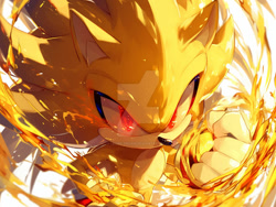 Size: 1024x772 | Tagged: safe, ai art, miles "tails" prower, sonic the hedgehog, super tails, 2024, clenched fist, deviantart watermark, fire, glowing eyes, looking ahead, looking offscreen, obtrusive watermark, prompter:leork-dream, simple background, solo, super form, watermark, white background