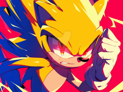 Size: 1024x772 | Tagged: safe, ai art, sonic the hedgehog, super sonic, 2024, clenched fist, clenched teeth, deviantart watermark, frown, looking offscreen, obtrusive watermark, pink background, prompter:leork-dream, simple background, solo, super form, watermark