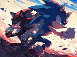 Size: 1024x772 | Tagged: safe, ai art, shadow the hedgehog, sonic the hedgehog, 2024, abstract background, clenched fists, deviantart watermark, duo, frown, looking offscreen, obtrusive watermark, prompter:leork-dream, running, watermark