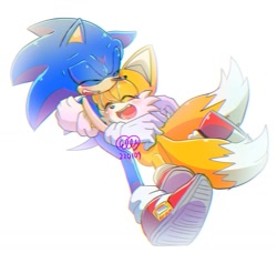 Size: 1239x1131 | Tagged: safe, artist:elly, miles "tails" prower, sonic the hedgehog, 2022, chromatic aberration, cute, duo, eyes closed, hugging, redraw, signature, simple background, smile, white background
