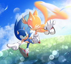 Size: 1096x994 | Tagged: safe, artist:negri, miles "tails" prower, sonic the hedgehog, 2023, abstract background, clouds, daytime, duo, flying, grass, holding hands, looking at each other, mouth open, outdoors, pointing, running, smile, spinning tails