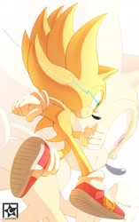 Size: 1700x2700 | Tagged: safe, artist:aldafera, sonic the hedgehog, super sonic, super sonic 2, sonic frontiers, 2023, clenched fist, echo background, frown, looking offscreen, solo, super form